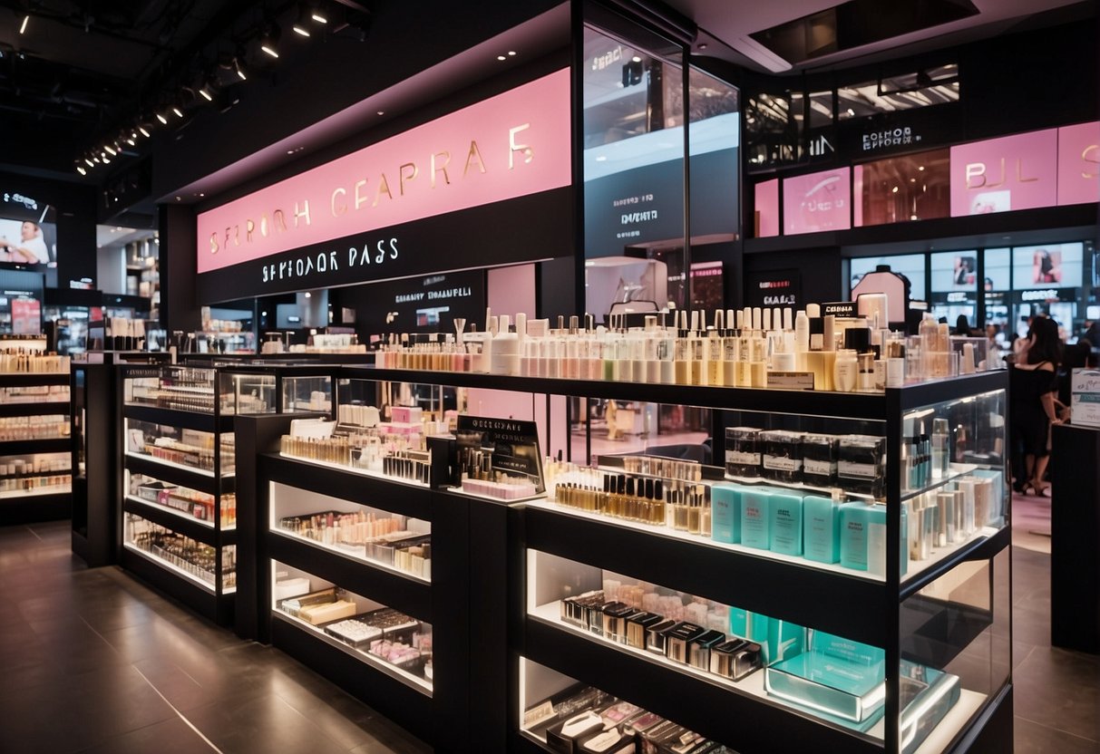 Bright lights illuminate shelves of beauty products at Sephora's Exclusive Beauty Pass Sale in Singapore. Customers browse through discounted makeup, skincare, and fragrance items, eager to take advantage of the promotions