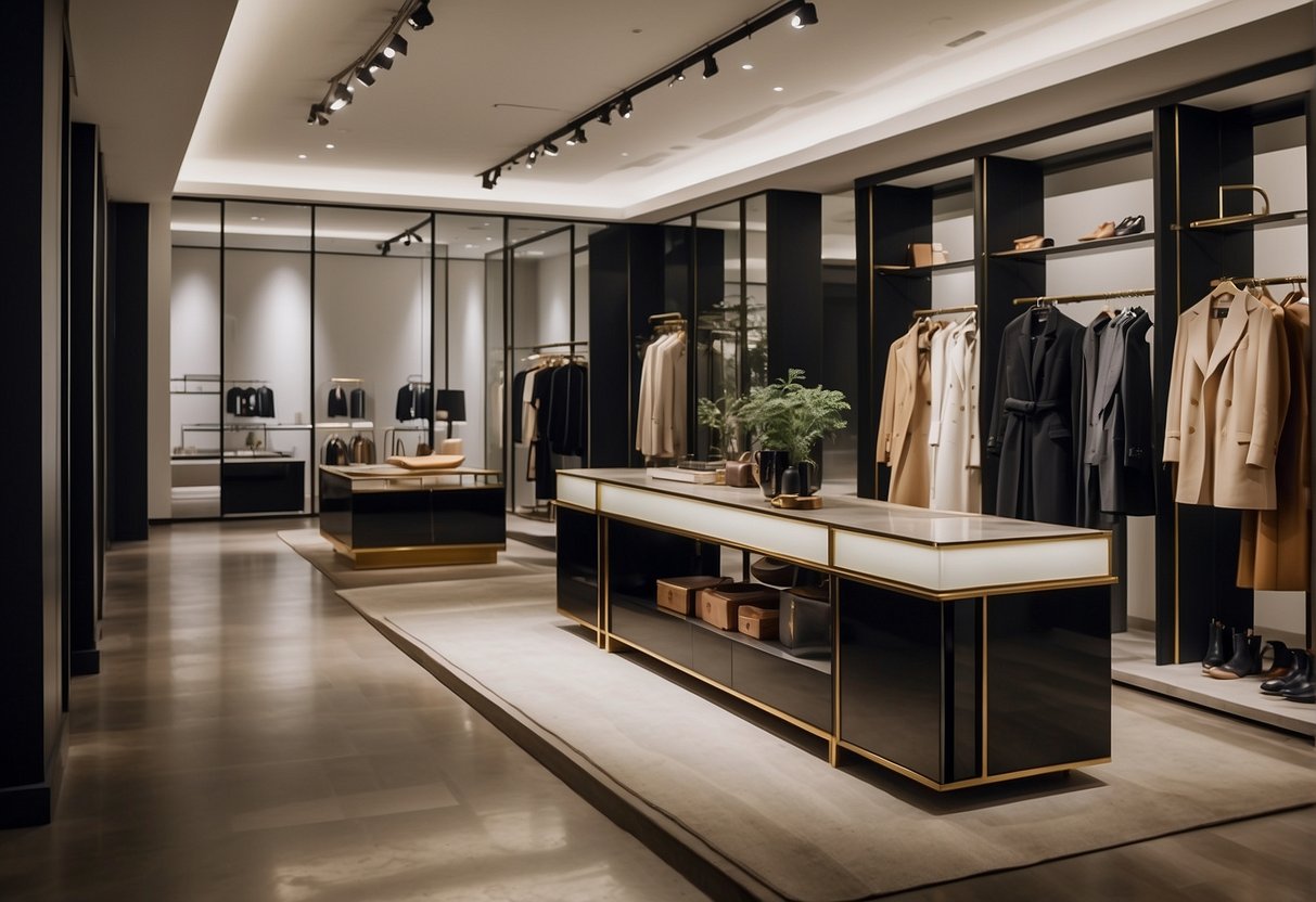 Vestiaire Collective's 2024 promotions: Luxe items displayed in a sleek, modern showroom with elegant signage and exclusive offers