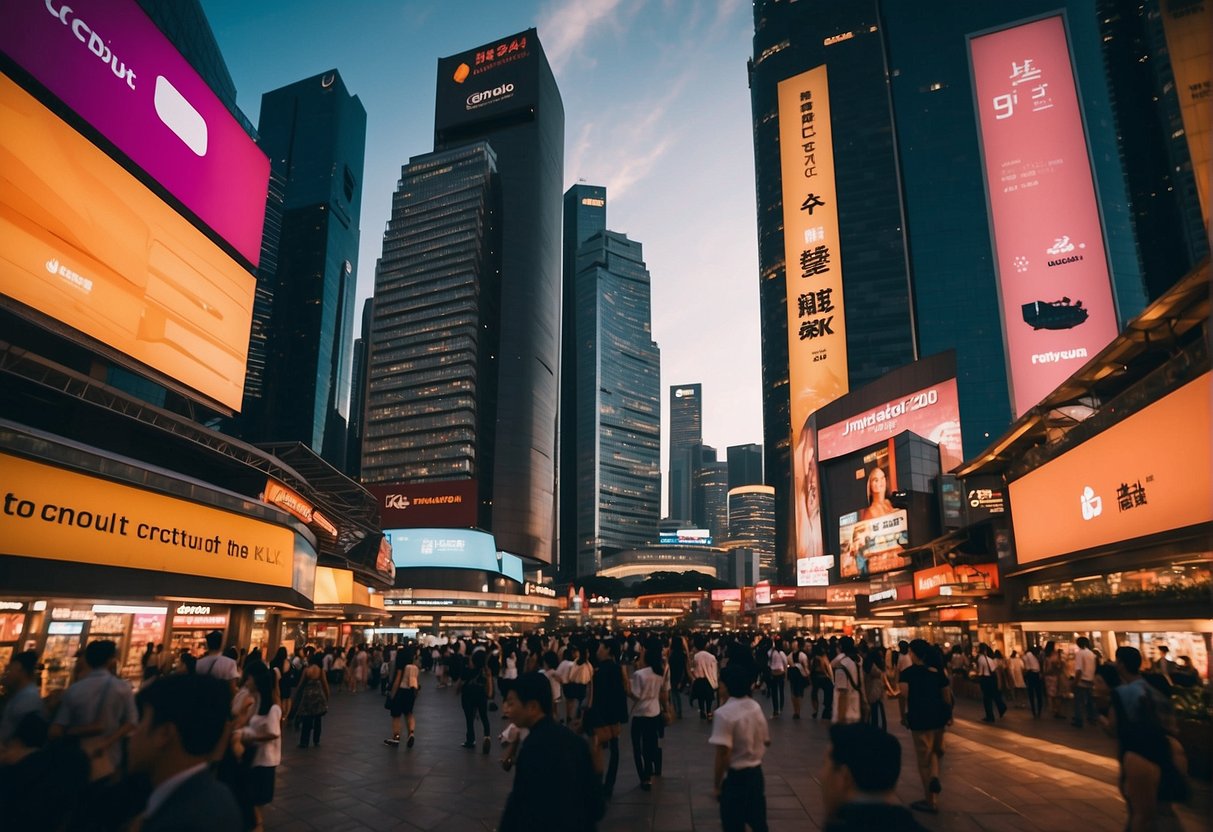A vibrant cityscape with towering skyscrapers, colorful billboards, and bustling streets filled with people. Brightly lit credit card logos adorn the buildings, showcasing the excitement of 2024's credit card promotions in Singapore