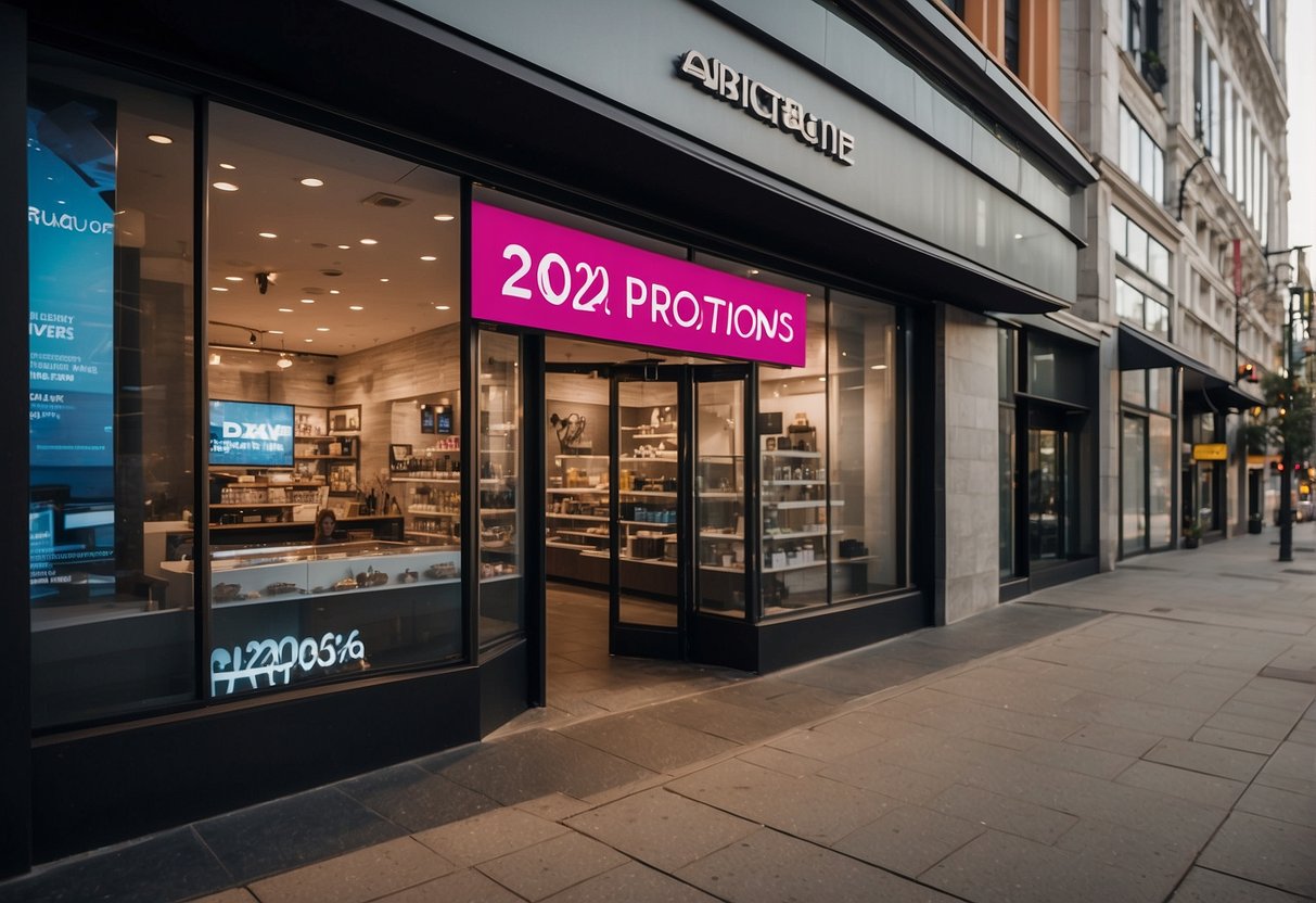 A sleek, modern storefront with a bold "2024 Promotions" sign, surrounded by vibrant, eye-catching displays and promotional materials