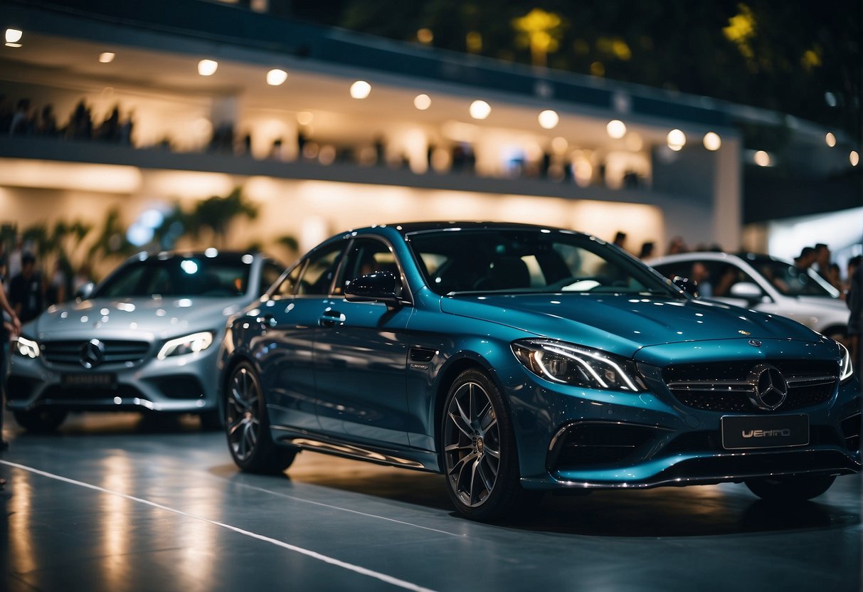 Cars gleaming under bright lights, surrounded by cheering crowds and flashing cameras at a high-profile motor show event in Singapore