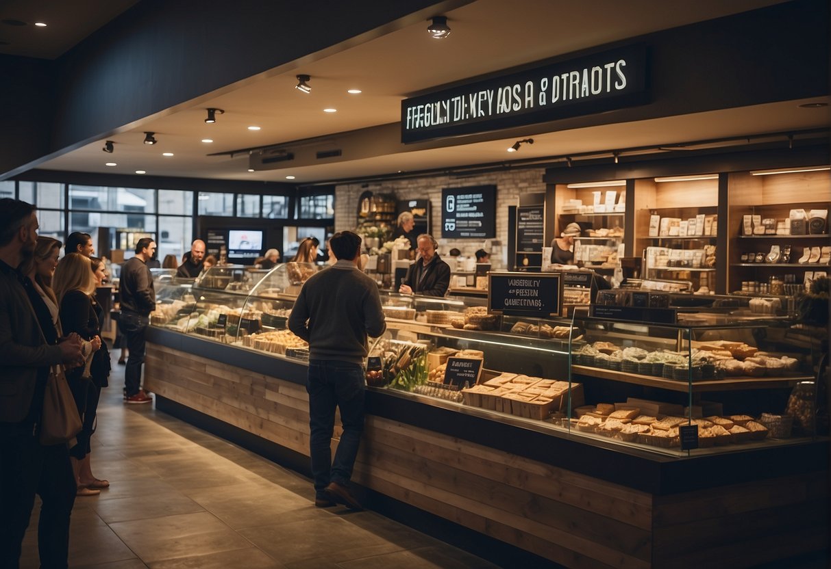 A bustling shop with a prominent "Frequently Asked Questions" sign, surrounded by various promotional displays and excited customers
