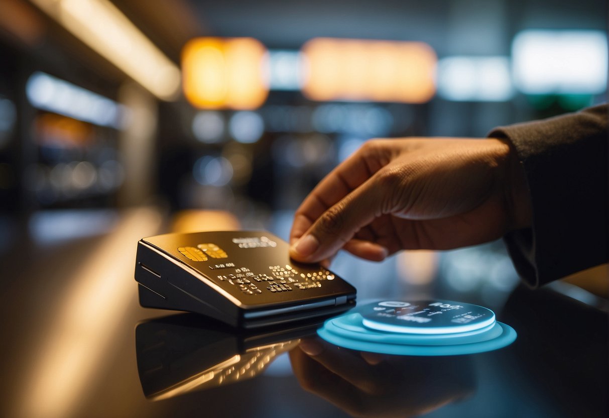 A person swiping a credit card at a store, with a glowing "Singapore Credit Card Promotions" sign in the background