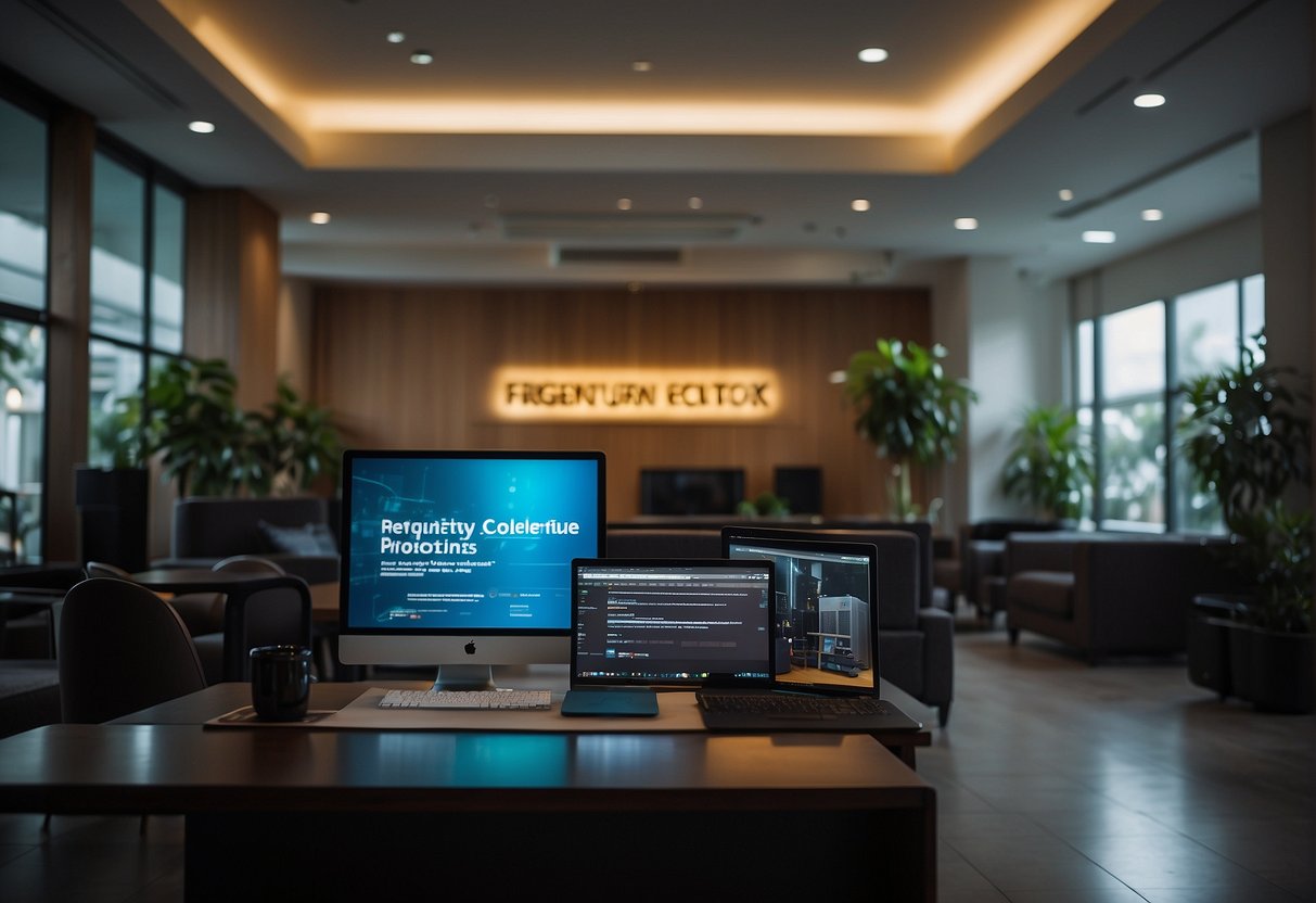 A brightly lit room with a computer screen displaying "Frequently Asked Questions" about Vestiaire Collective promotions in Singapore