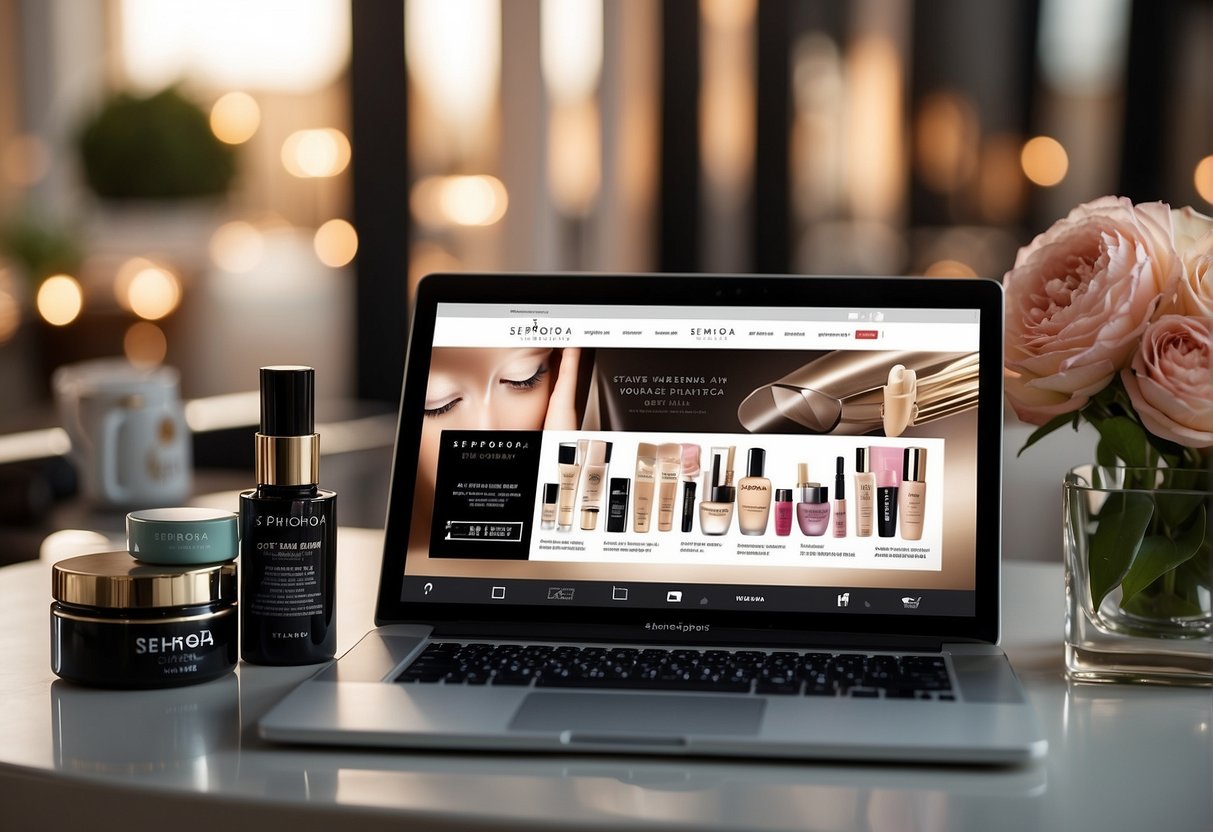 A computer screen displaying Sephora's website with various beauty products and a promotional banner