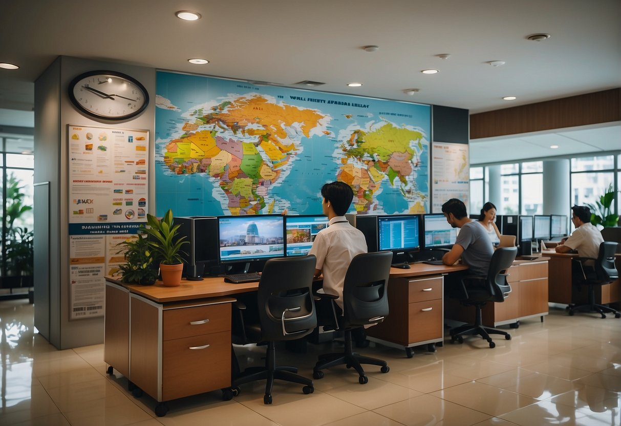 A bustling travel agency office in Singapore with colorful promotional posters, a world map on the wall, and a friendly staff assisting customers