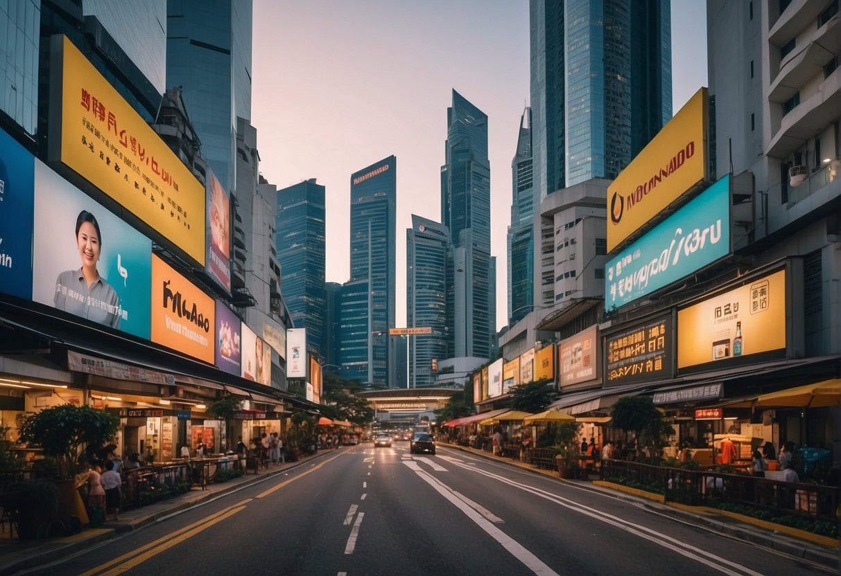 A bustling street in Singapore, with colorful banners and signs promoting Vornado products. The city skyline looms in the background