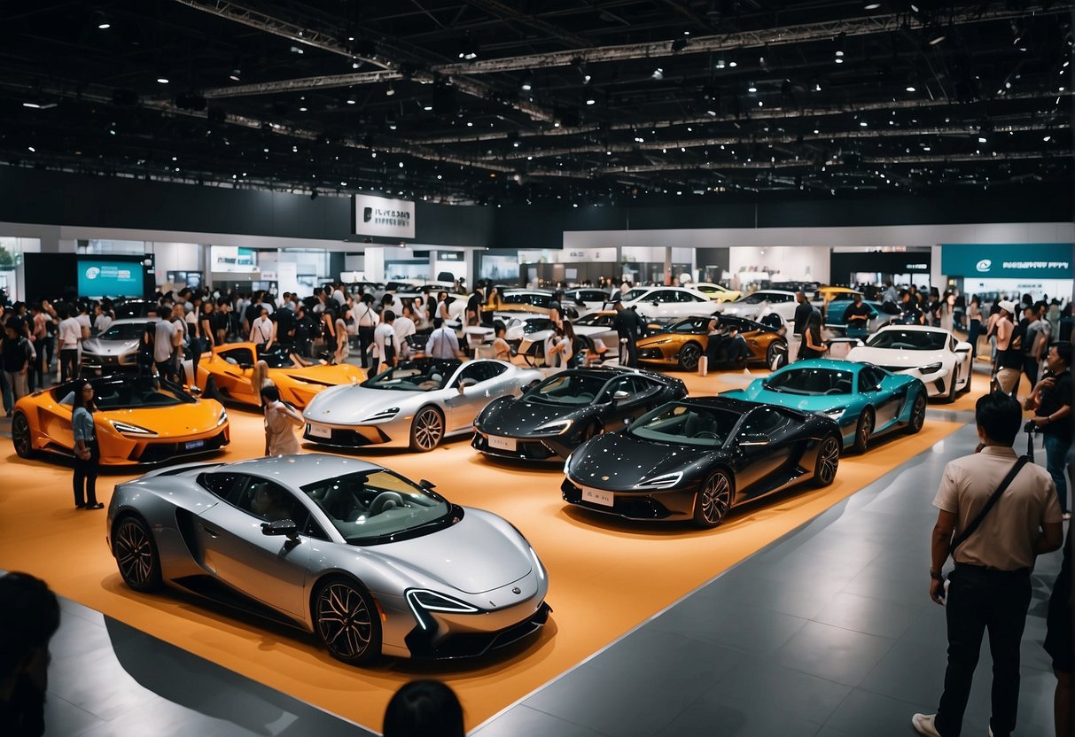 A bustling motor show in Singapore with colorful promotional booths and excited crowds browsing the latest vehicles