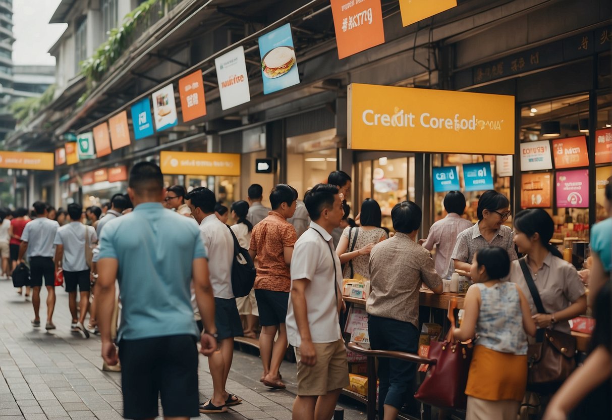 A bustling Singapore street with colorful banners promoting credit card promotions. People are seen browsing and engaging with the offers