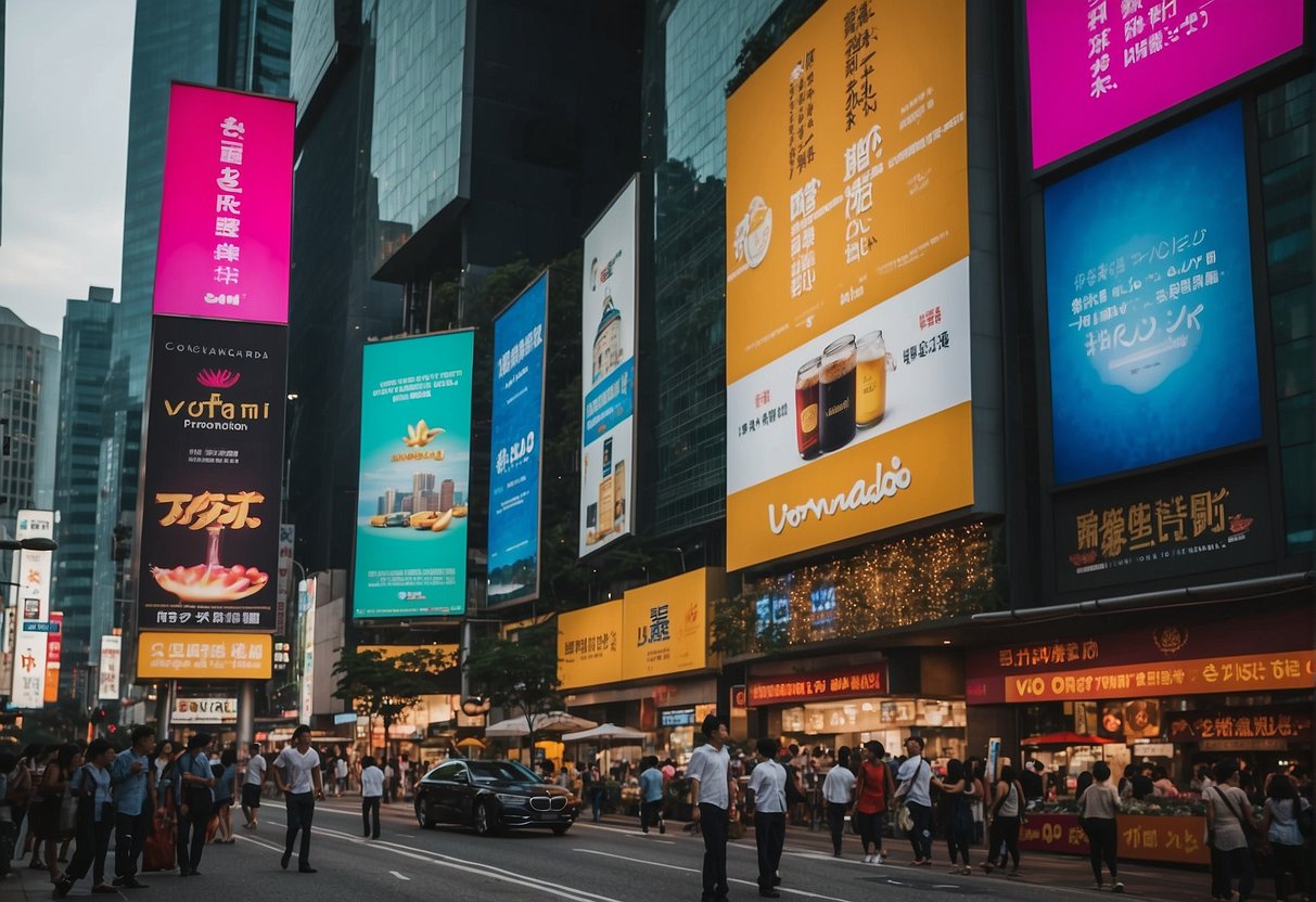A bustling city street with vibrant signs and banners advertising exclusive promotions by Vornado in Singapore