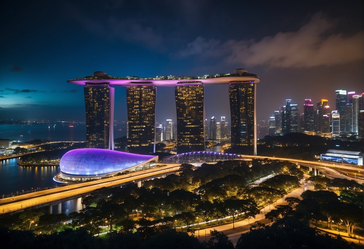 A vibrant city skyline with iconic landmarks, bustling streets, and colorful cultural festivals in Singapore