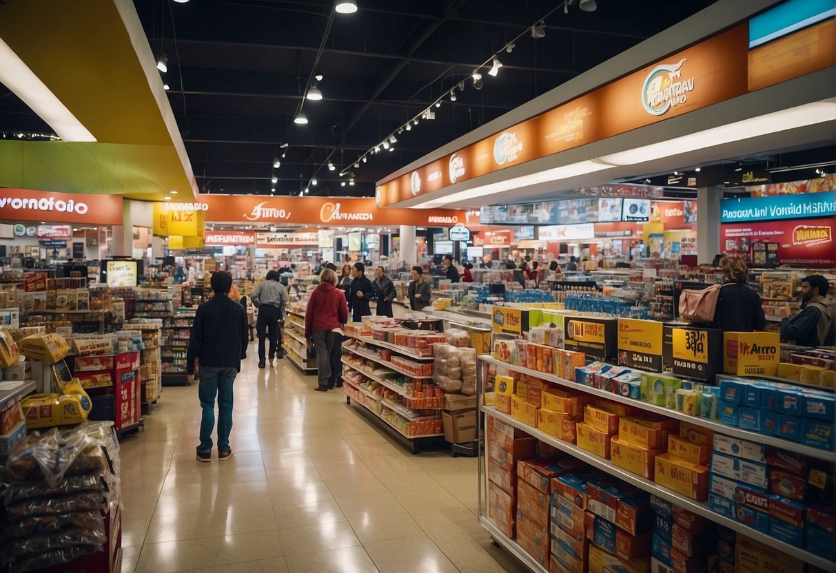 A bustling store with bright promotional signs, crowded aisles, and shoppers grabbing discounted items. Displays of Vornado products prominently featured