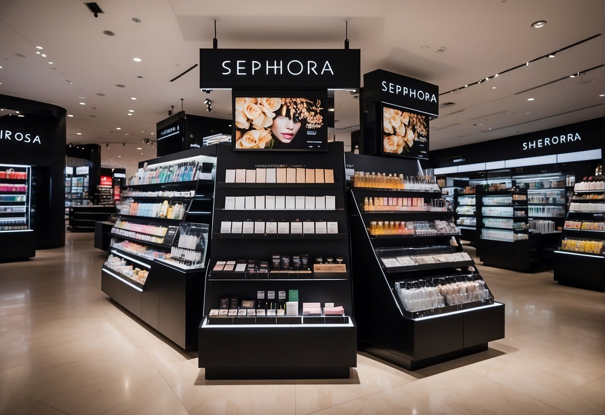 A vibrant display of Sephora promotions in Singapore, featuring bold signage and enticing product samples