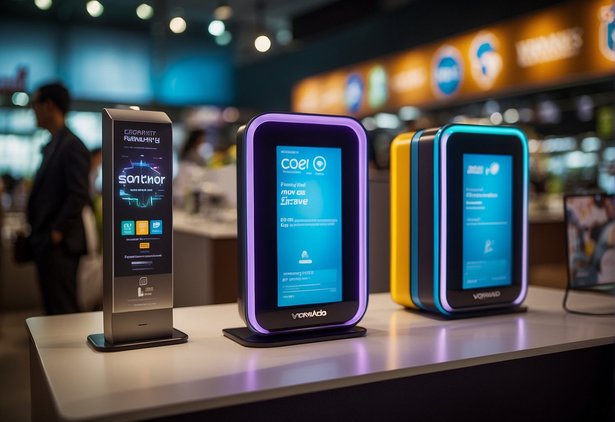 A colorful display of Vornado products with a "Frequently Asked Questions" banner in a bustling Singapore promotion event