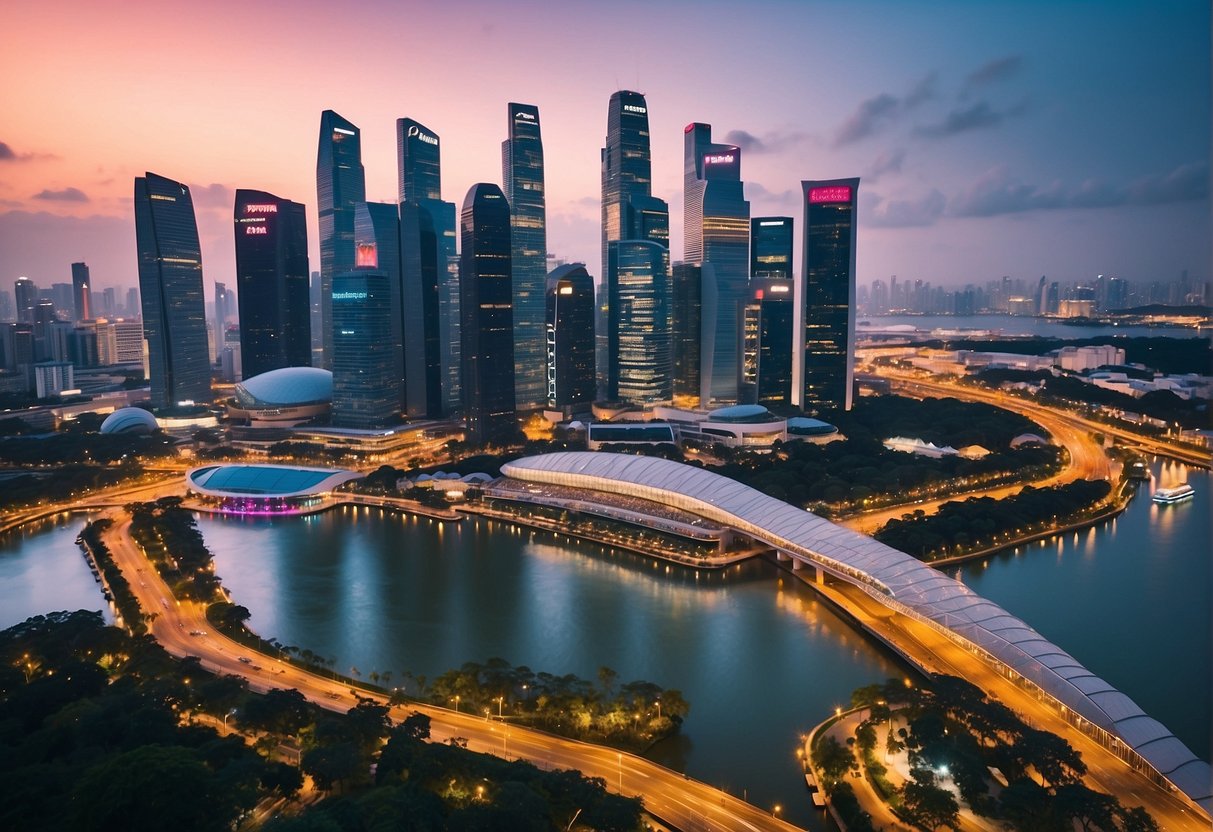 A vibrant cityscape of Singapore with iconic landmarks and travel agency branding displayed prominently. Vibrant colors and dynamic composition highlight exclusive promotions