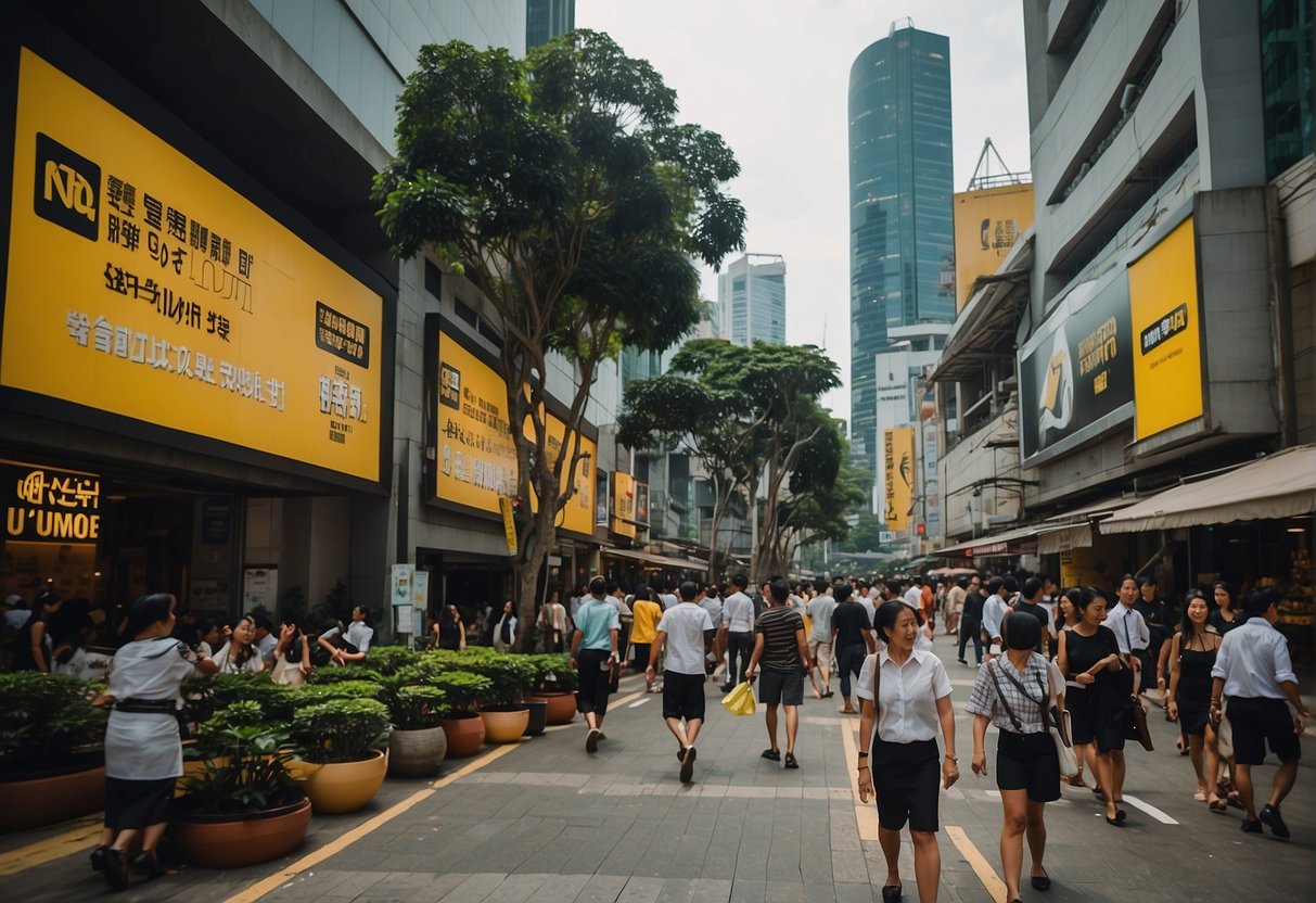 A bustling street in Singapore with Western Union promotions displayed on bright, colorful signs outside of various shops and businesses