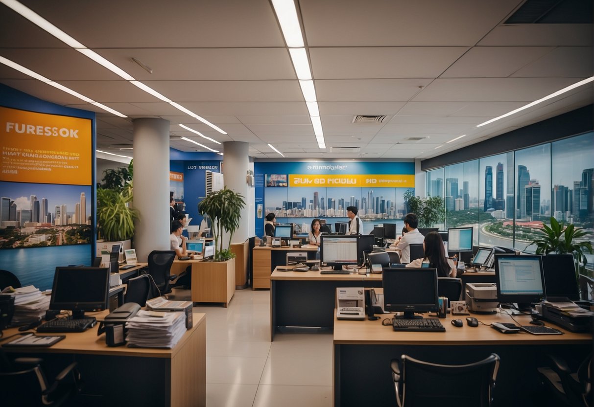 A bustling travel agency office in Singapore with colorful promotional posters, brochures, and a busy staff assisting customers