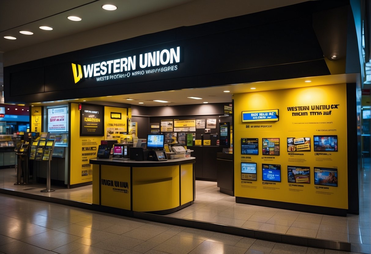 A bright spotlight shines on a display of current promotions for Western Union in Singapore