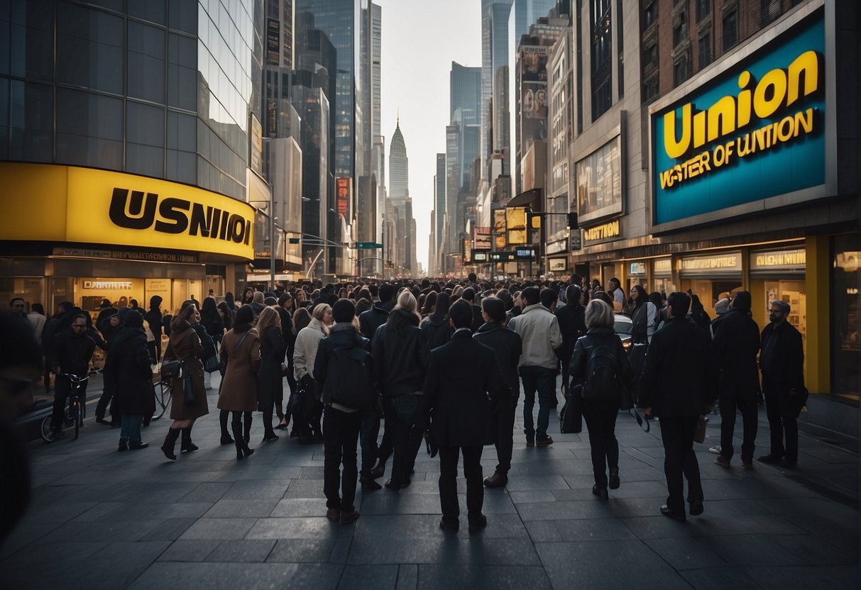 A bustling city street with a prominent Western Union storefront, surrounded by diverse individuals engaged in money transfers and promotional activities