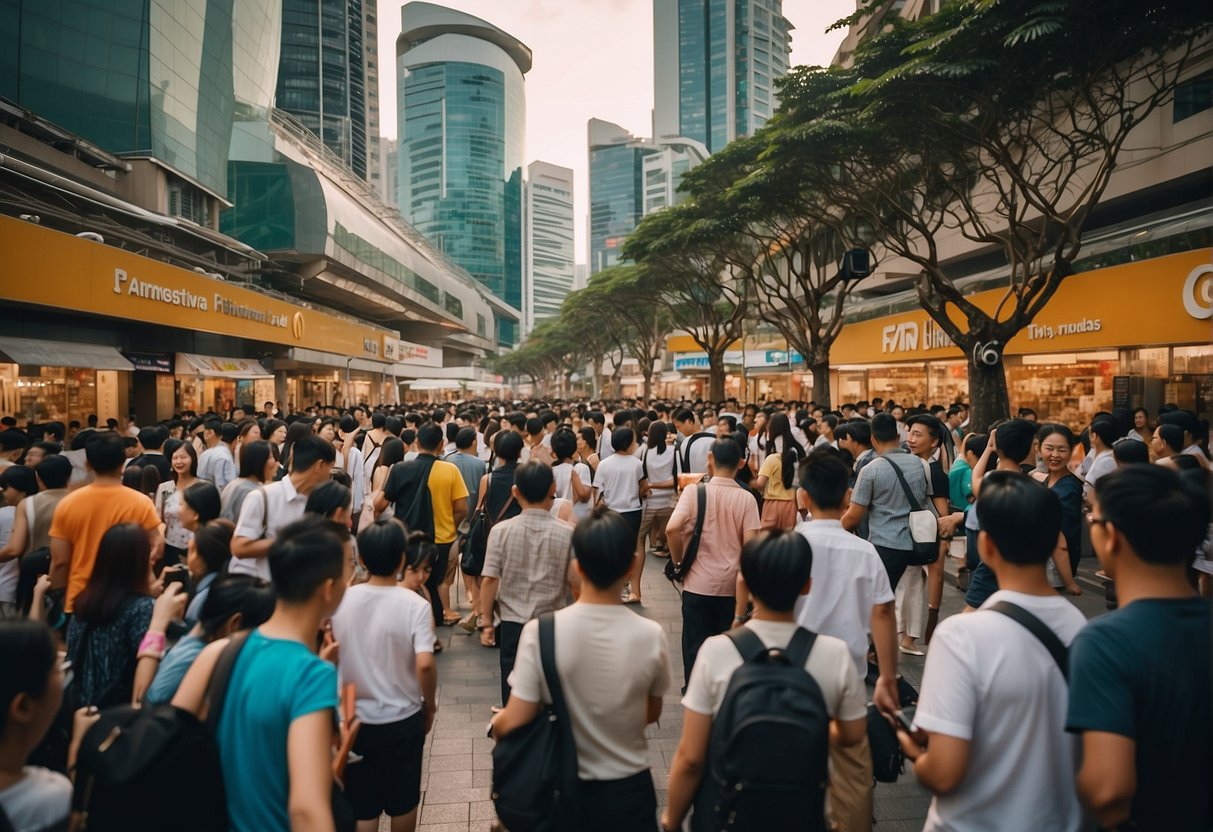A vibrant cityscape with prominent slimming promotion signs and bustling crowds in Singapore