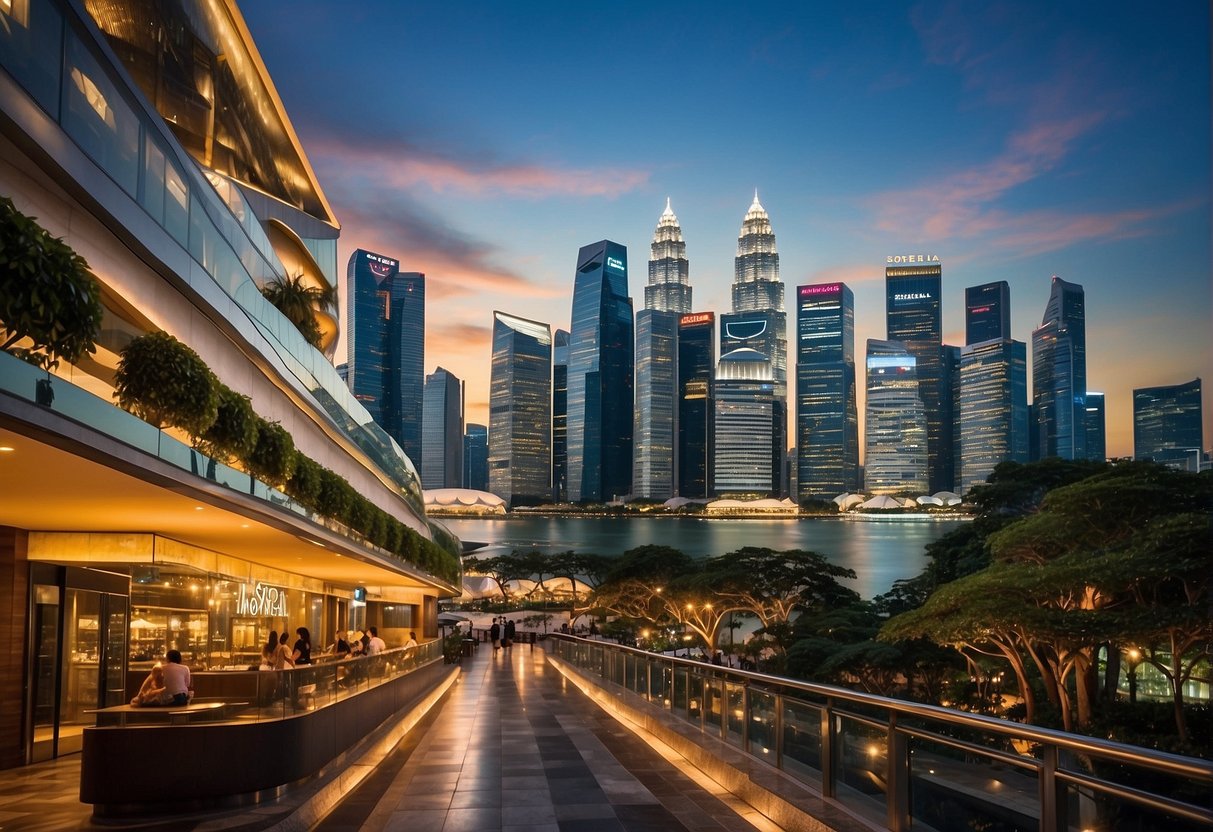 A vibrant cityscape with iconic Singapore landmarks and bustling streets, featuring the Sorella Promotions logo prominently displayed