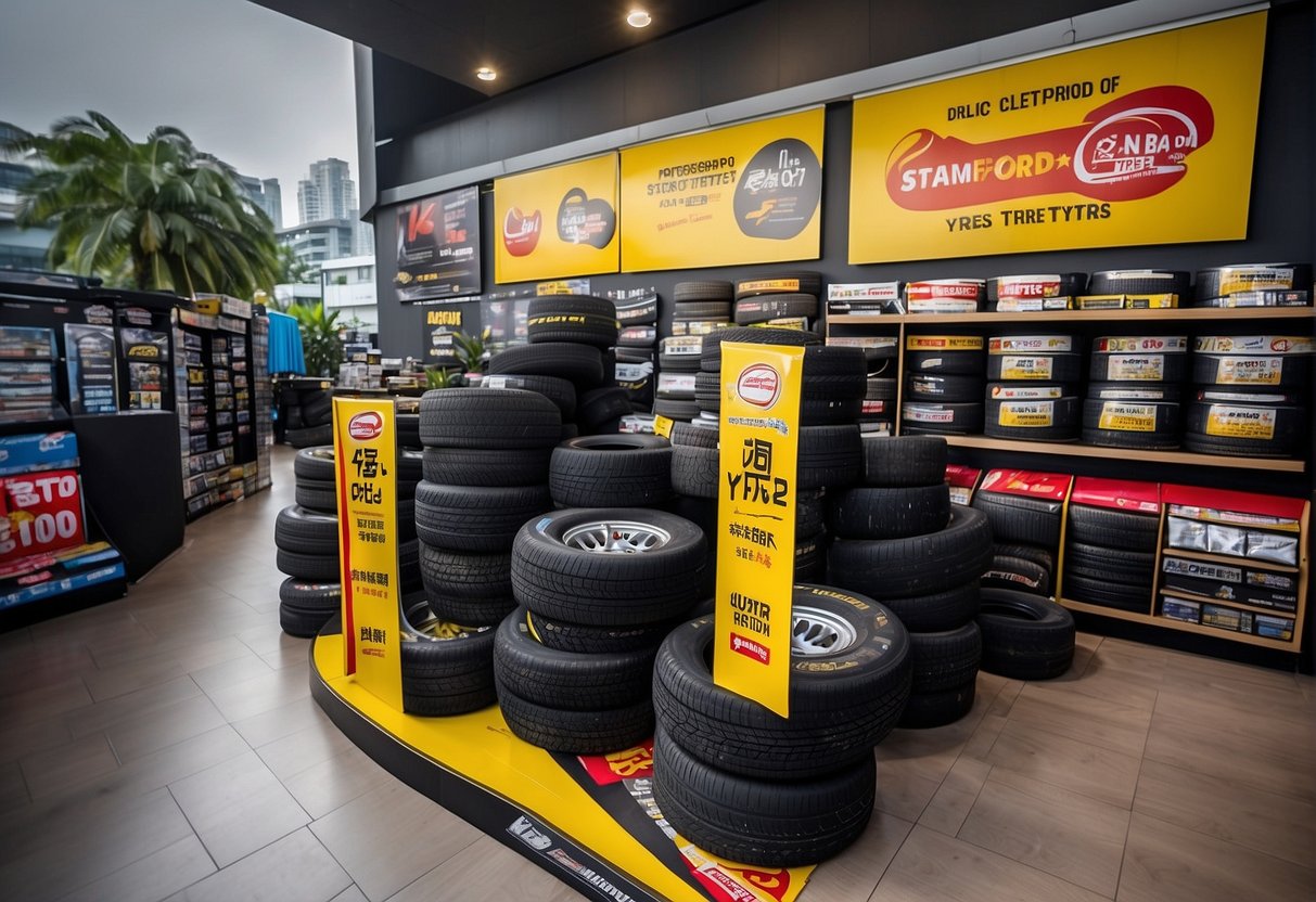 A vibrant display of Stamford Tyres promotions in Singapore, featuring colorful banners, eye-catching signage, and a variety of discounted tire products