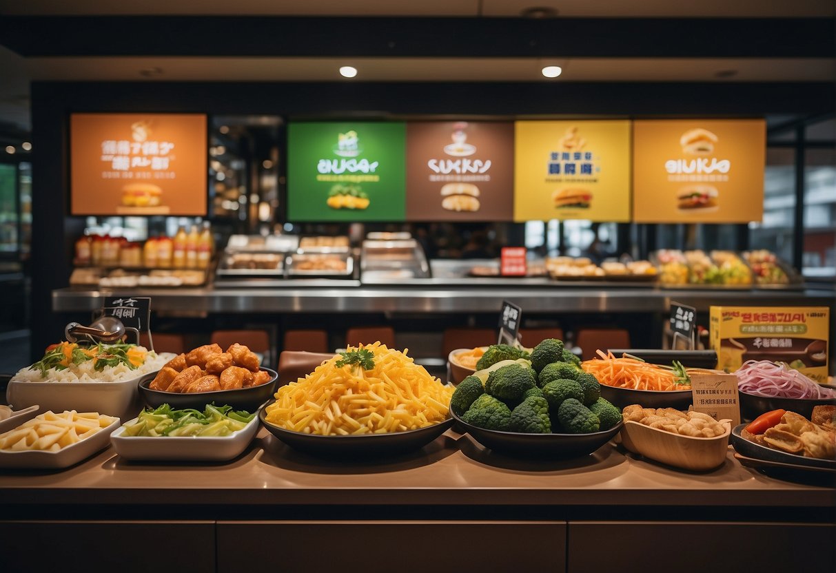 A colorful display of Sukiya Singapore promotions with various food items and signage