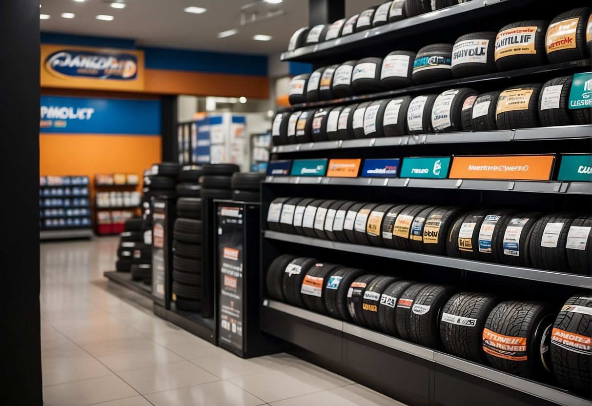 A colorful display of Stamford Tyres promotions with eye-catching signage and attractive offers