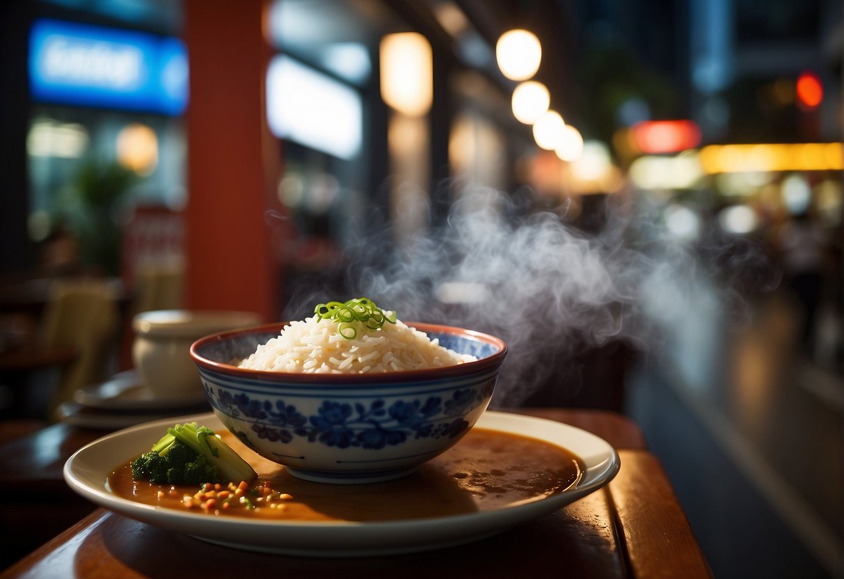 A steaming bowl of sukiya beef and rice sits next to a vibrant sign advertising sizzling promotions in Singapore