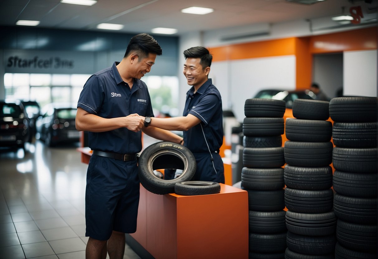 A customer receiving free services with a tire purchase at Stamford Tyres in Singapore