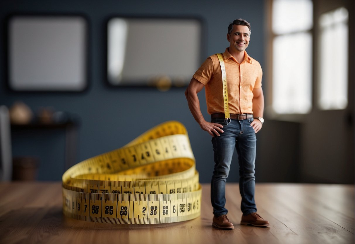 A tape measure wraps around a shrinking waistline, while a scale shows decreasing numbers. A confident smile accompanies the transformation