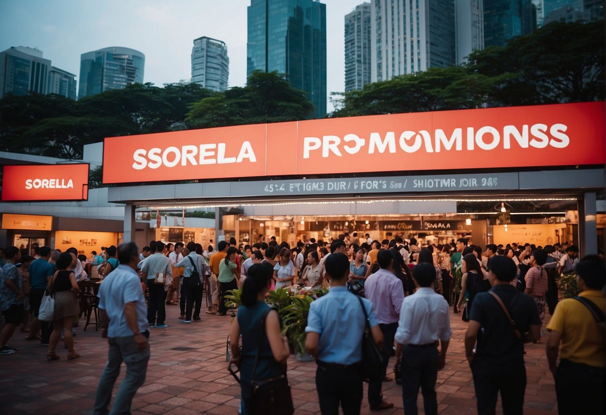 A vibrant and bustling event with Sorella Promotions signage displayed prominently in Singapore