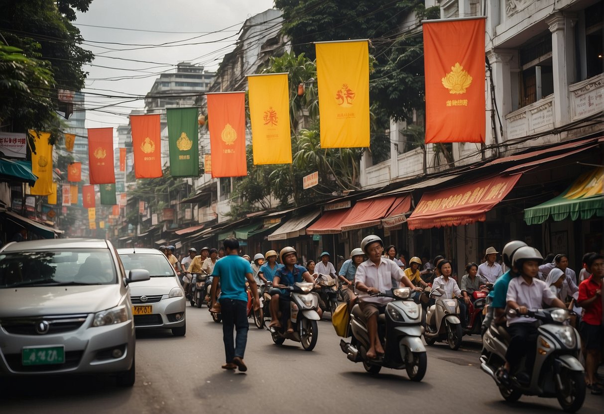Colorful banners and flags line the bustling streets of Yangon, promoting the vibrant culture and attractions of Singapore