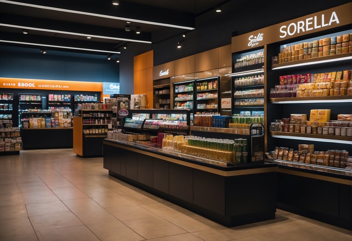 A display of Sorella products with prominent signage, in a bustling Singapore store