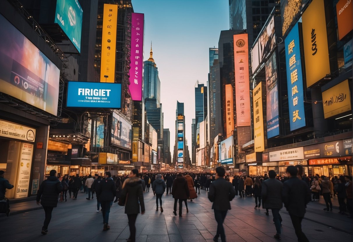 A bustling city street with colorful signs and banners advertising travel promotions. Bright lights and busy pedestrians create a lively atmosphere