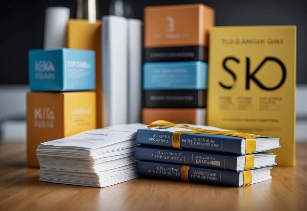 A stack of brochures with "Frequently Asked Questions" and "slimming promotions singapore" printed on them, surrounded by various weight loss products and a tape measure