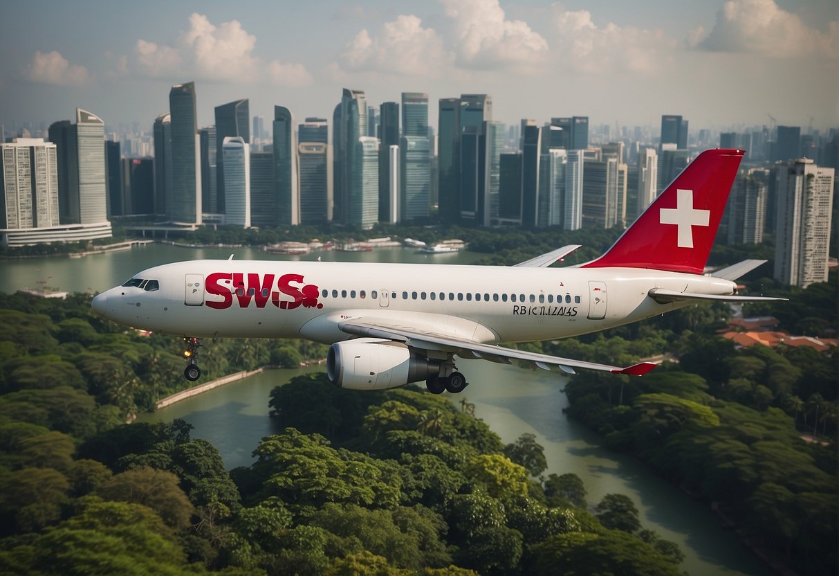 A Swiss Air plane flies over the iconic Singapore skyline, with the city's modern skyscrapers and lush greenery in the background