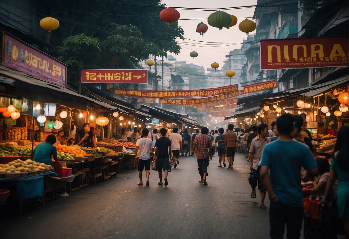 A bustling cityscape with iconic landmarks and vibrant street markets in Yangon, Myanmar. Brightly colored banners and signs promoting travel deals and discounts for Singapore