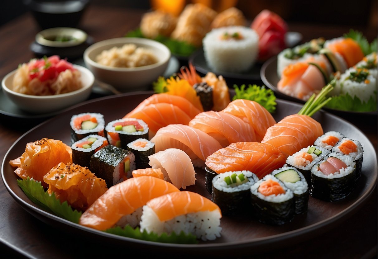 Lavish spread of Japanese delicacies at Epicurean Delights sukiya singapore promotions. Sushi, sashimi, and tempura displayed on elegant platters