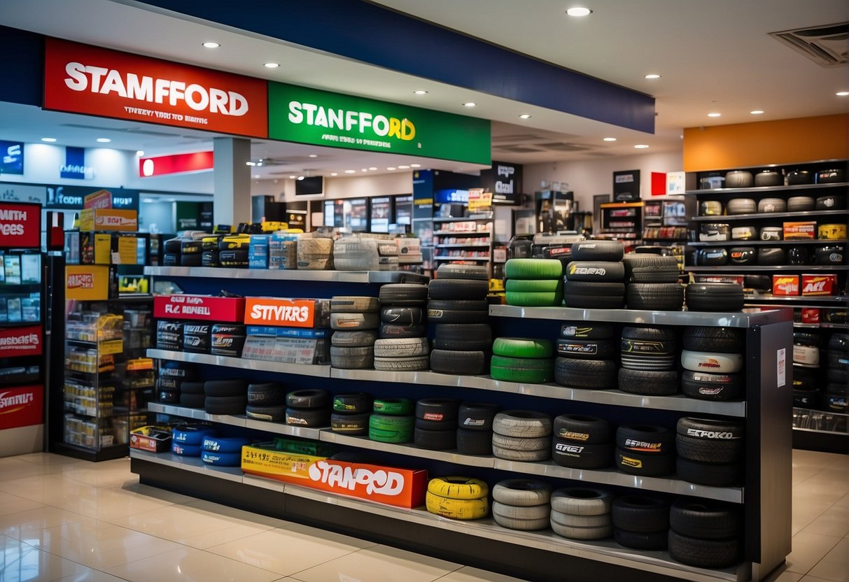 A colorful display of Stamford Tyres promotions in Singapore, with eye-catching signage and enticing offers