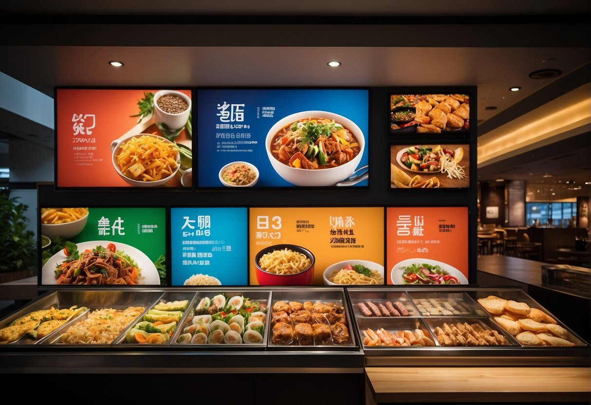 A colorful display of Sukiya Singapore promotions, featuring various menu items and special offers, with vibrant signage and enticing visuals