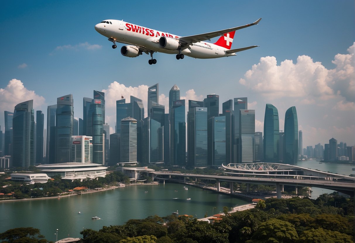 A Swiss Air plane flying over the iconic skyline of Singapore, with a banner advertising current year flight promotions trailing behind