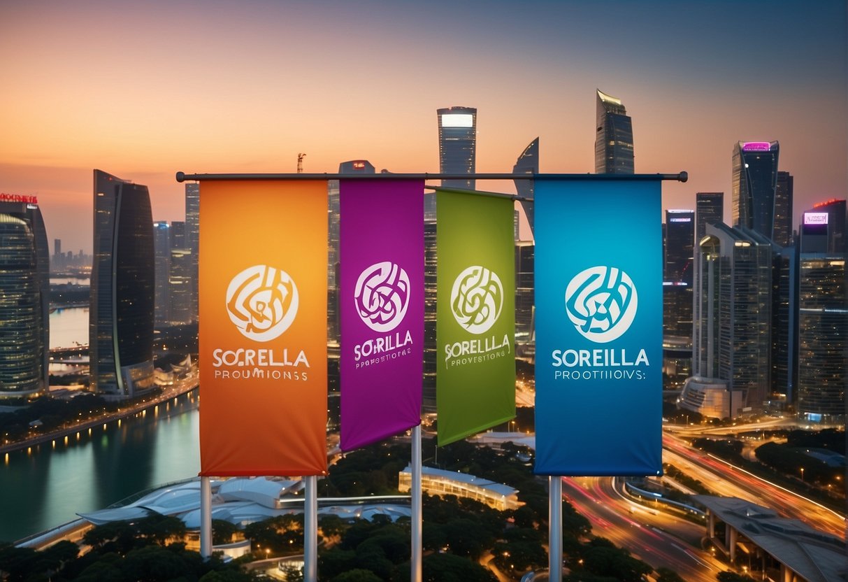 A colorful banner with "Frequently Asked Questions" and the logo of Sorella Promotions, set against the backdrop of the Singapore skyline