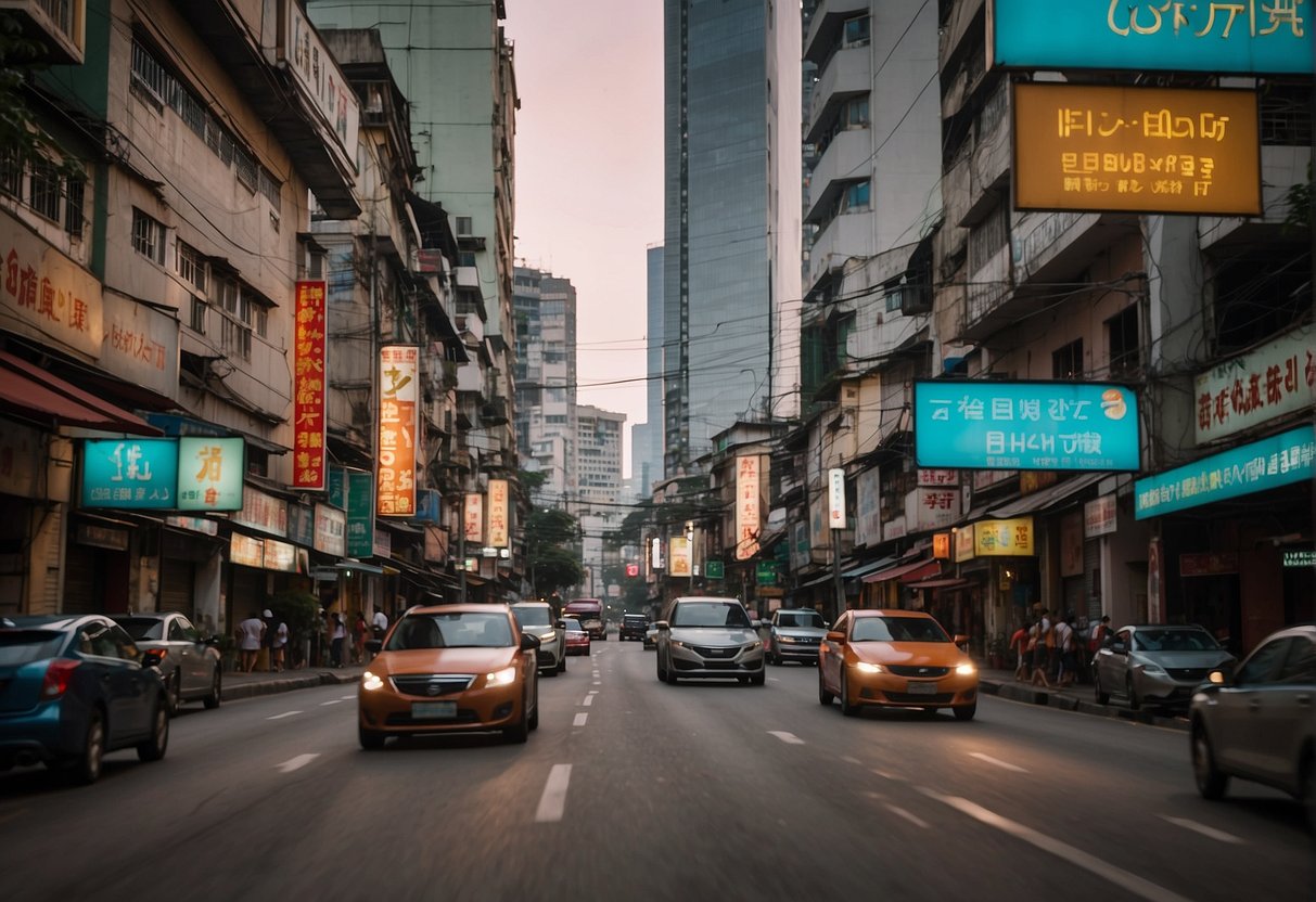A bustling city street with colorful signage for "Frequently Asked Questions" promotions in Yangon and Singapore