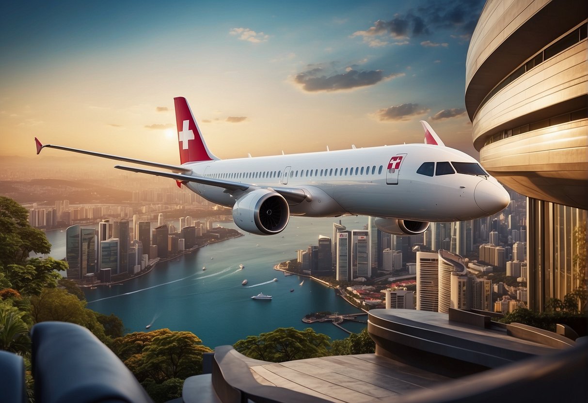 A Swiss Air promotional poster with travel extras and upgrades displayed in a Singaporean setting, featuring iconic landmarks and a vibrant cityscape
