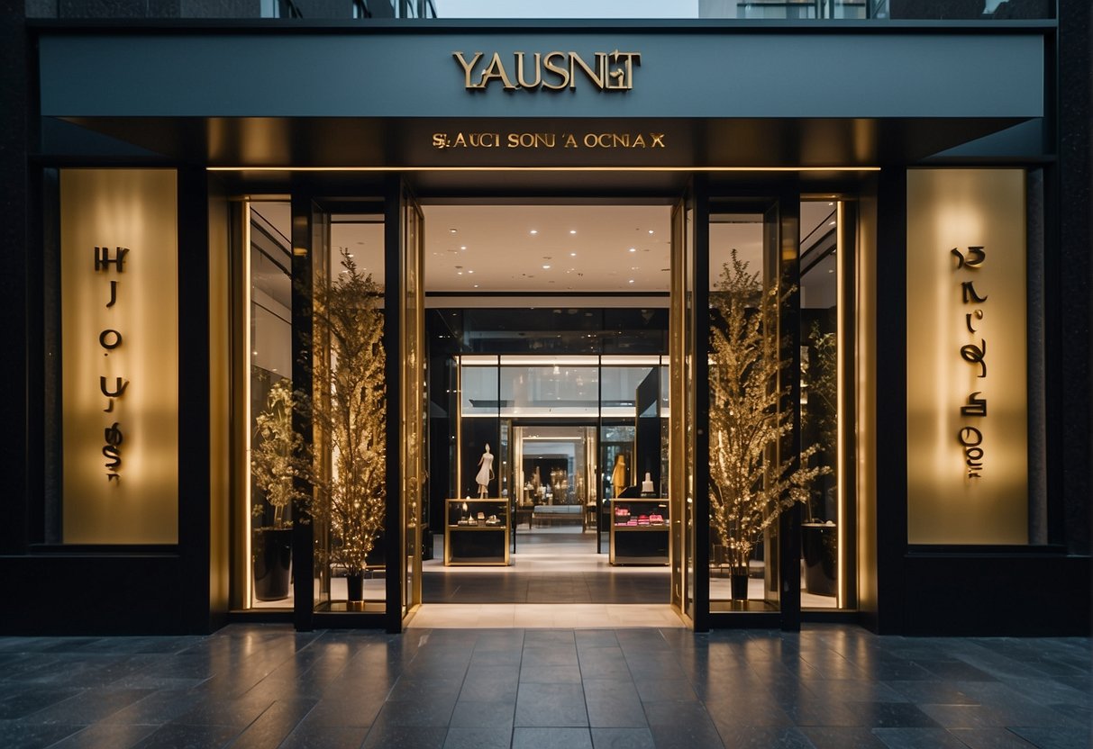 A luxurious YSL storefront in Singapore with bold signage and elegant window displays