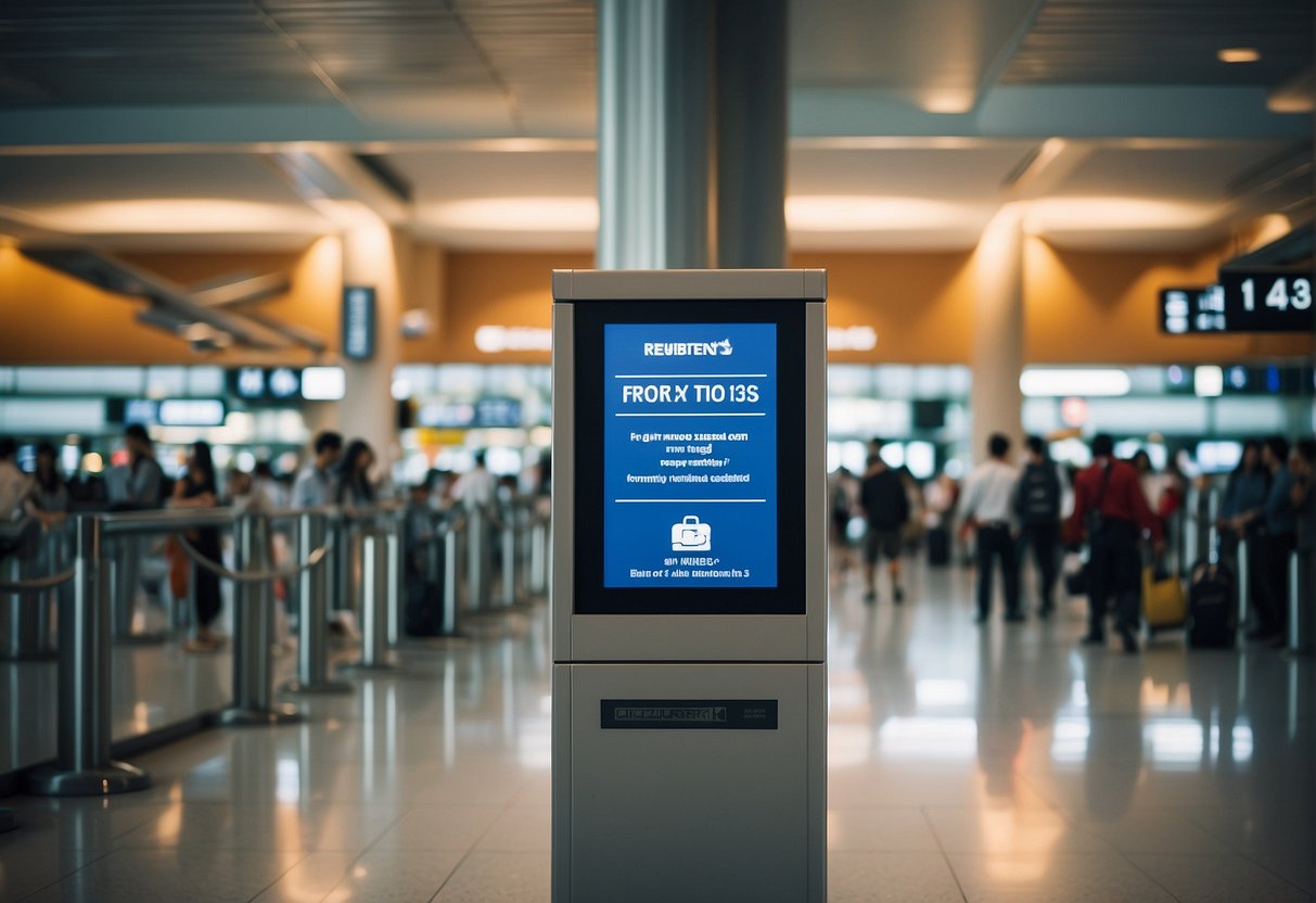 A crowded airport check-in counter with a prominent "Frequently Asked Questions" sign and a display of Swiss Air promotions for Singapore