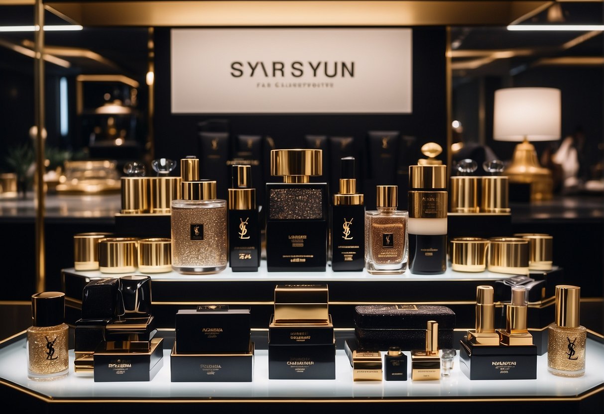 A luxurious display of YSL products with "Exclusive 2024 Launch Promotions" signage in a high-end retail setting in Singapore