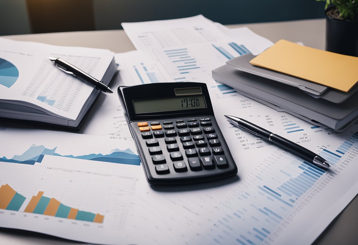 A serene and organized desk with a calculator, pen, and paper, surrounded by financial planning books and charts