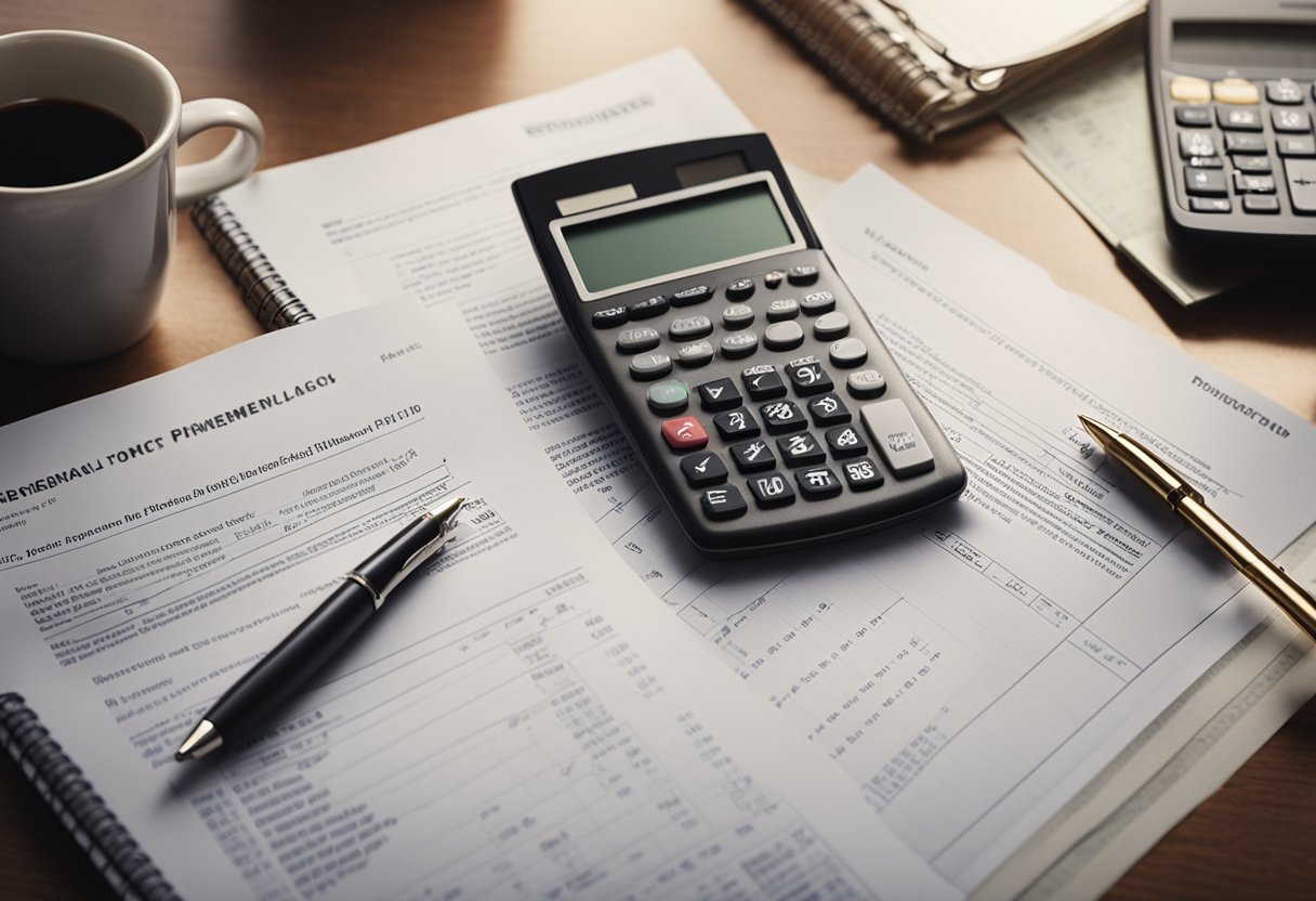 A table with financial documents, a calculator, and retirement planning books on a desk. A person's hand holding a pen writing on a notepad